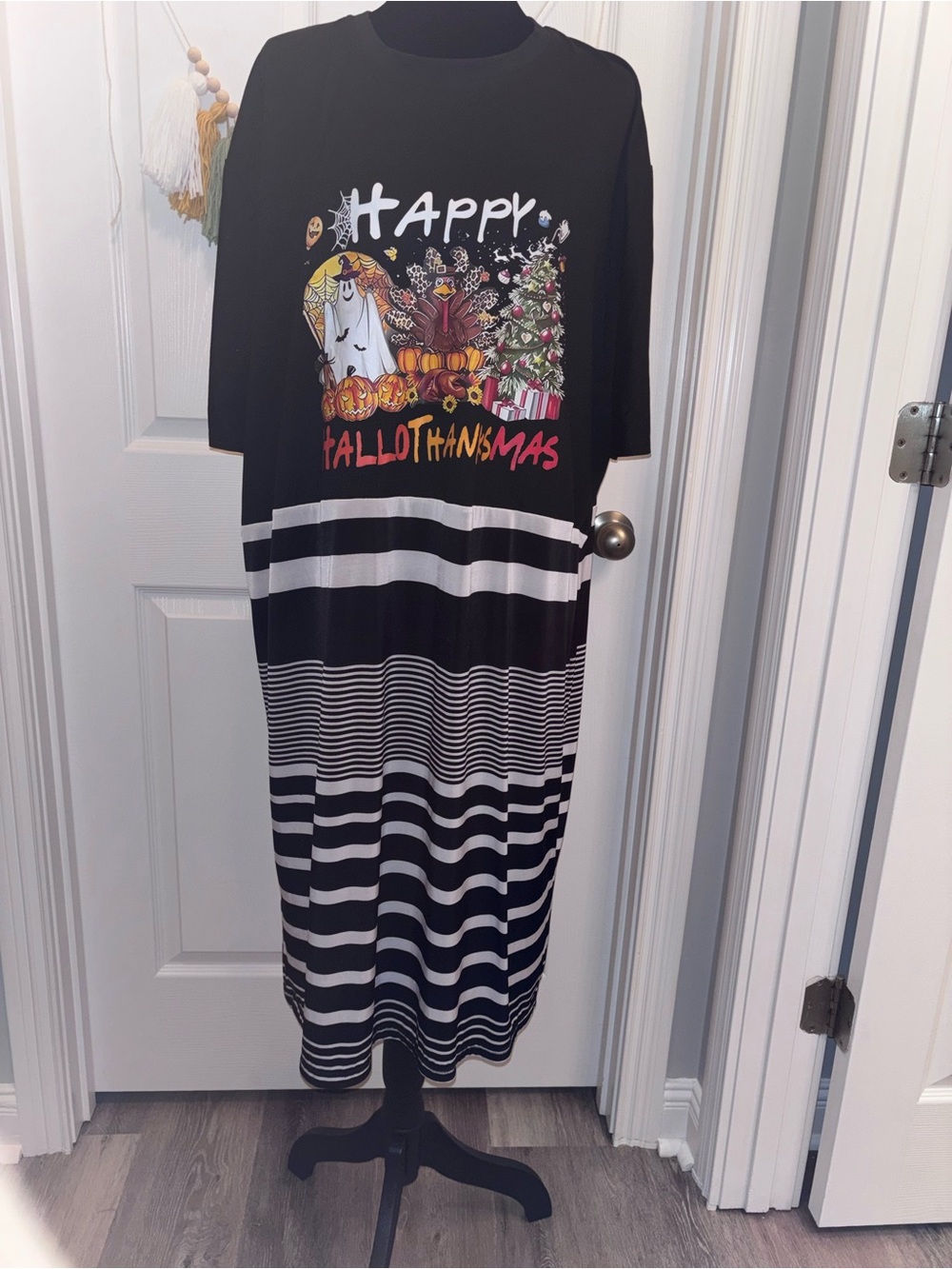 Upcycled “Happy HalloThanksMas”Holiday Striped Dress size 3X